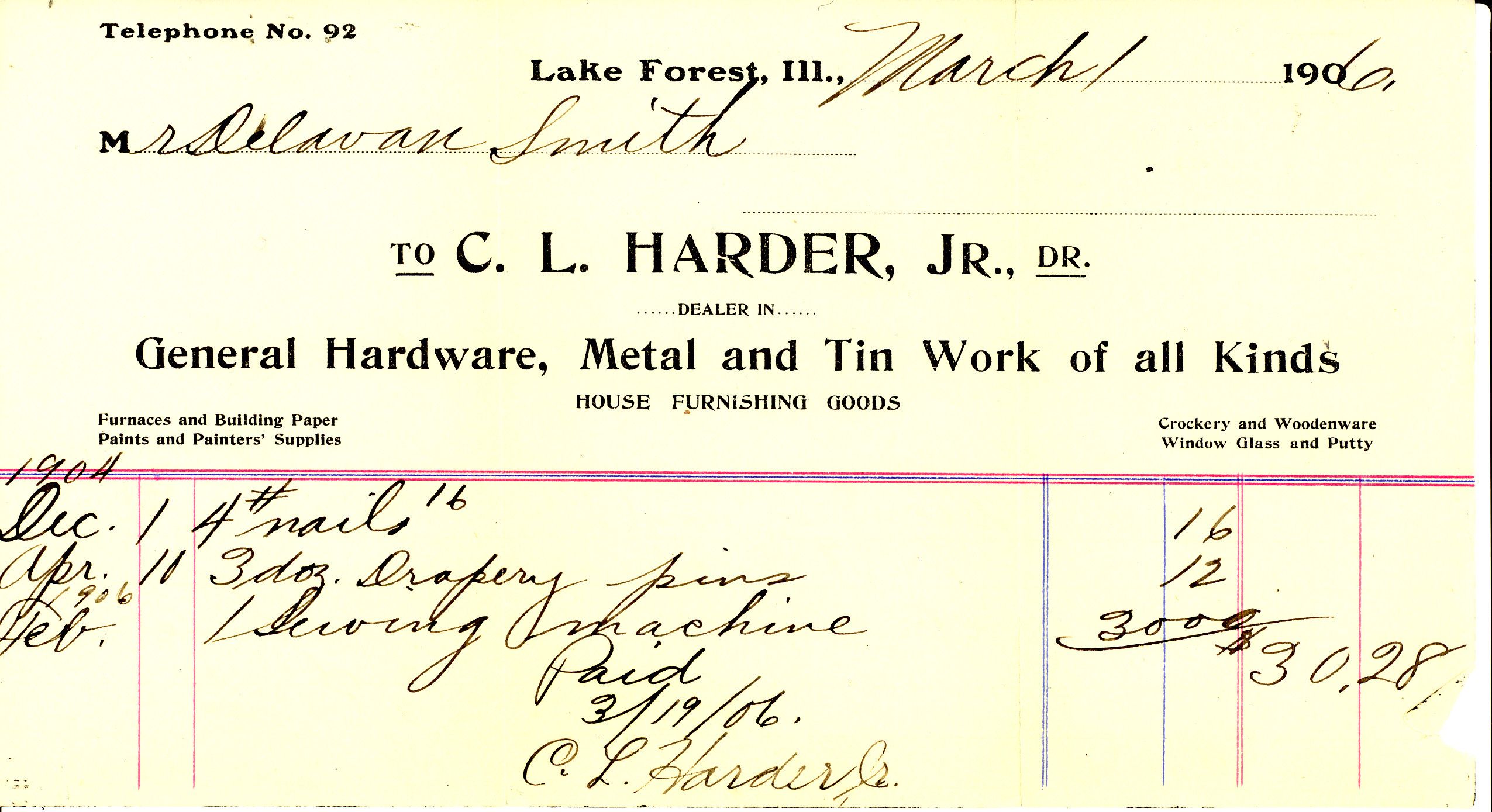 Receipt for purchase of nails, drapery pins, and a sewing machine, bought by Delavan Smith in 1906.
