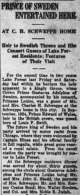 News clipping from the Lake Forester, dated July 2, 1926, detailing the royal visit.
