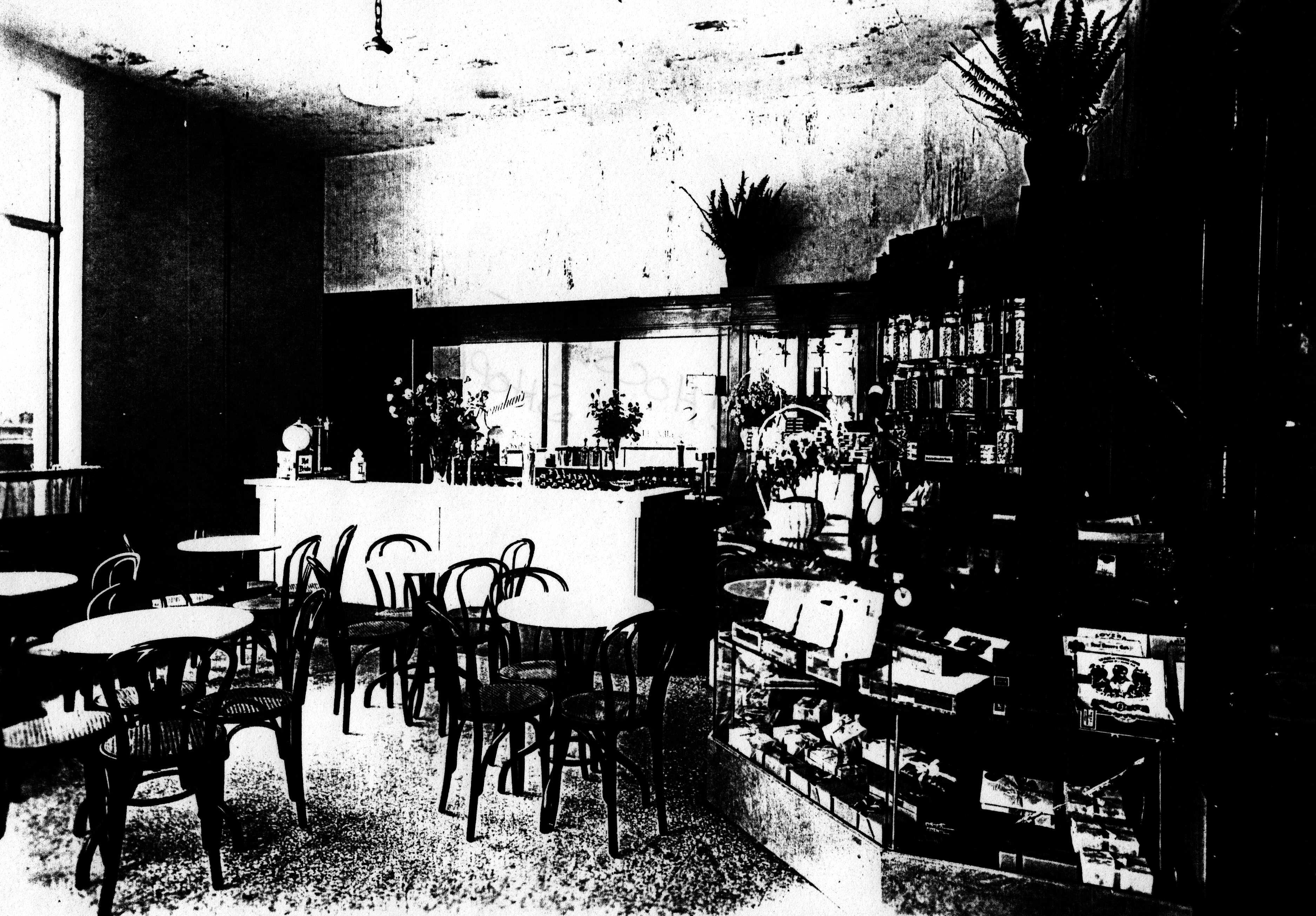 Monahan Chocolate Shop interior, 1910s, showing the candy counter and soda fountain.
