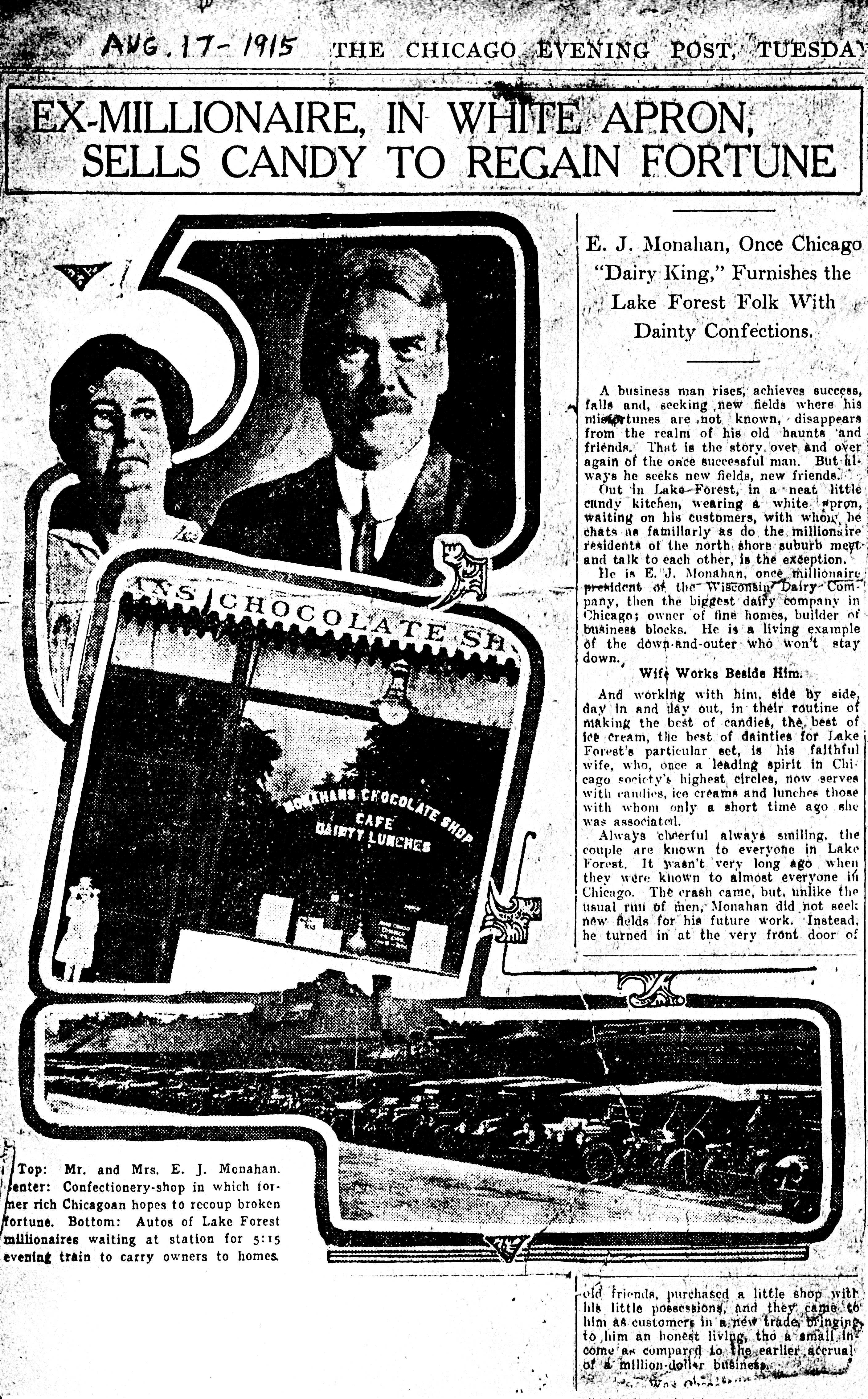 Chicago Evening Post, August 17, 1915, detailing the fall and rise of the Monahan family fortune.