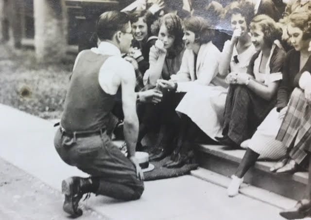 Lake Forest Academy boy talks to girls at Ferry Hall, Bo Jack Parade, 1919. Courtesy Lake Forest Academy Archives.