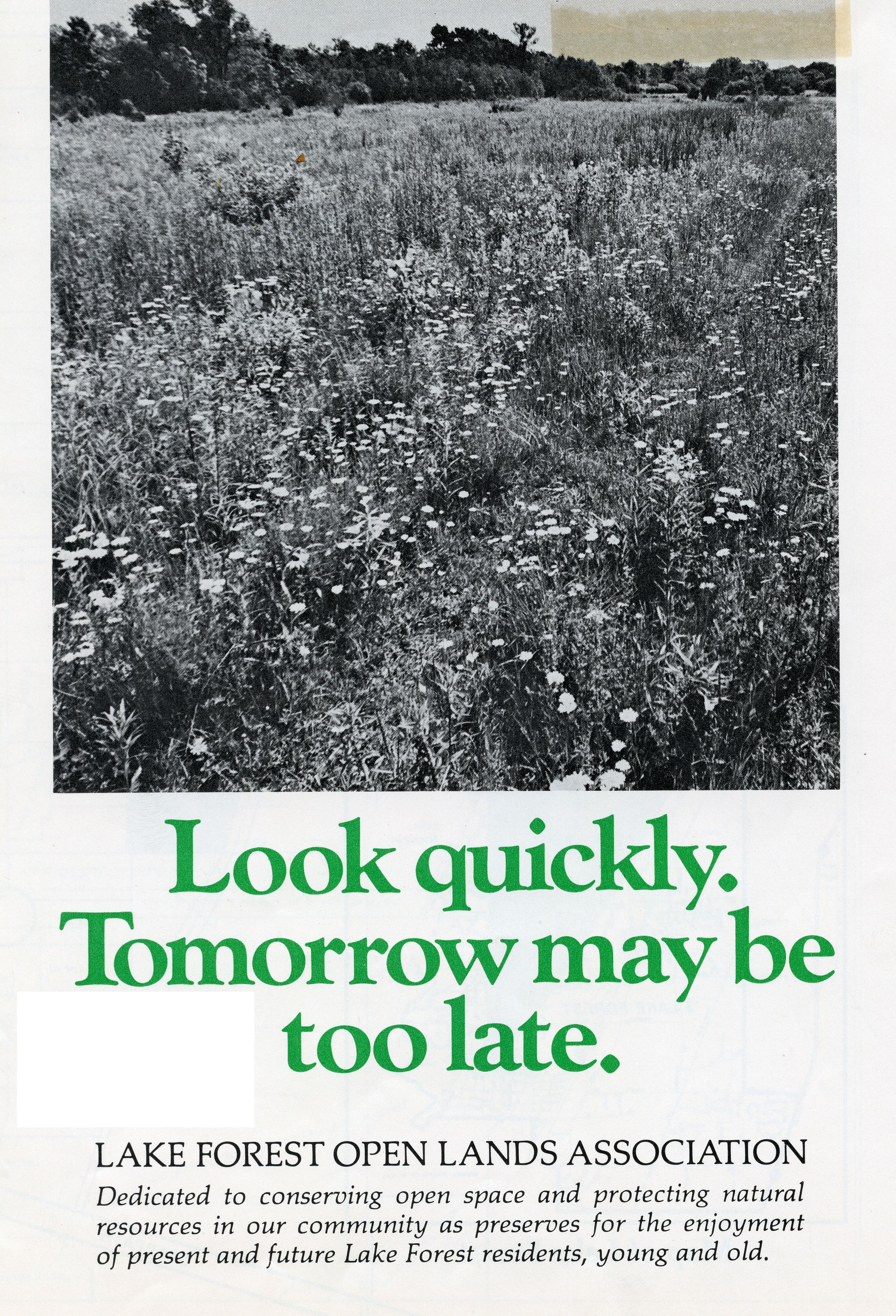 Lake Forest Open Lands Association brochure, 1978. The organization, founded in 1967, now maintains over 800 acres of open space, including the Everett Farm, Mellody Farm, Middlefork Farm, and West Skokie nature preserves in west Lake Forest.