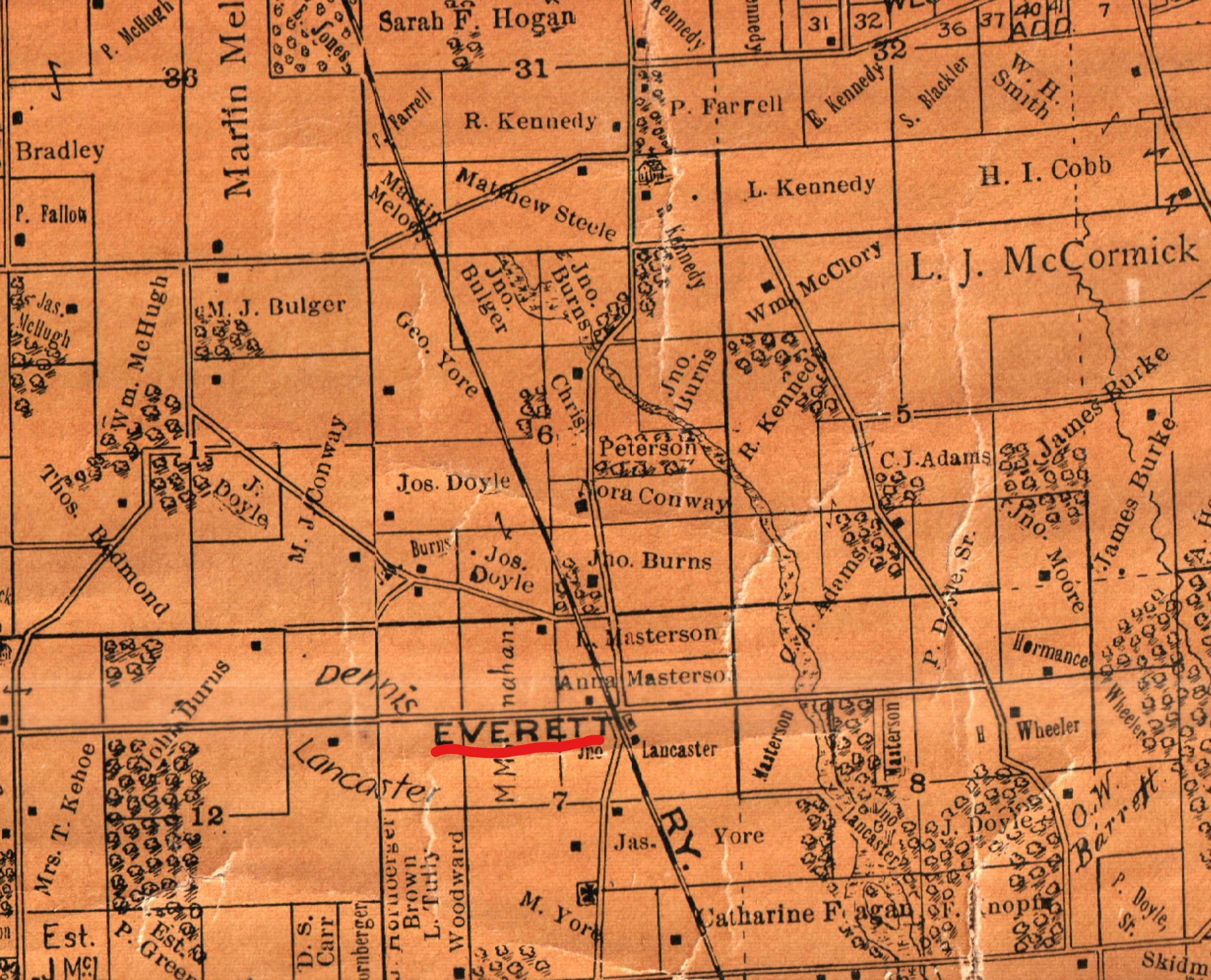 In 1894, the Lake County mapmakers labelled the train stop “Everett.”