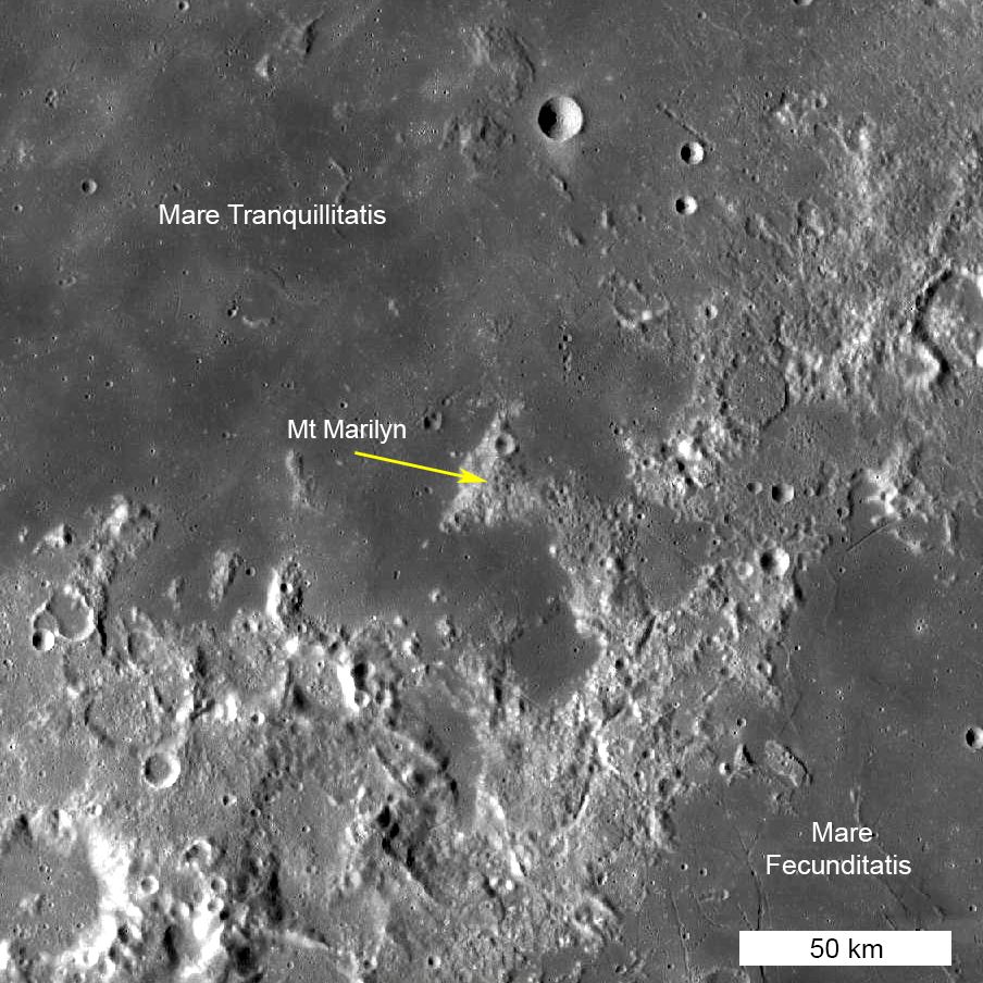 Mount Marilyn, next to the Sea of Tranquility, the spot for the first lunar landing by Apollo 11.