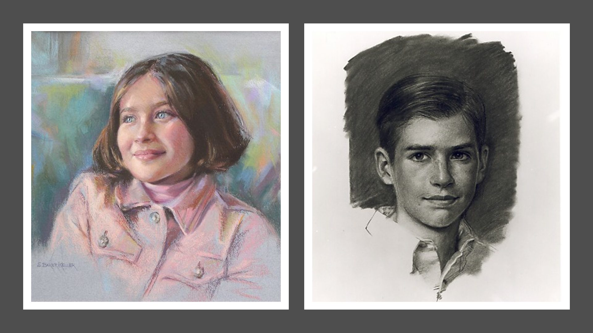 Left: Sugar & Spice, pastel by Sally Baker Keller; Right: John, Charcoal on paper by William T. Chambers