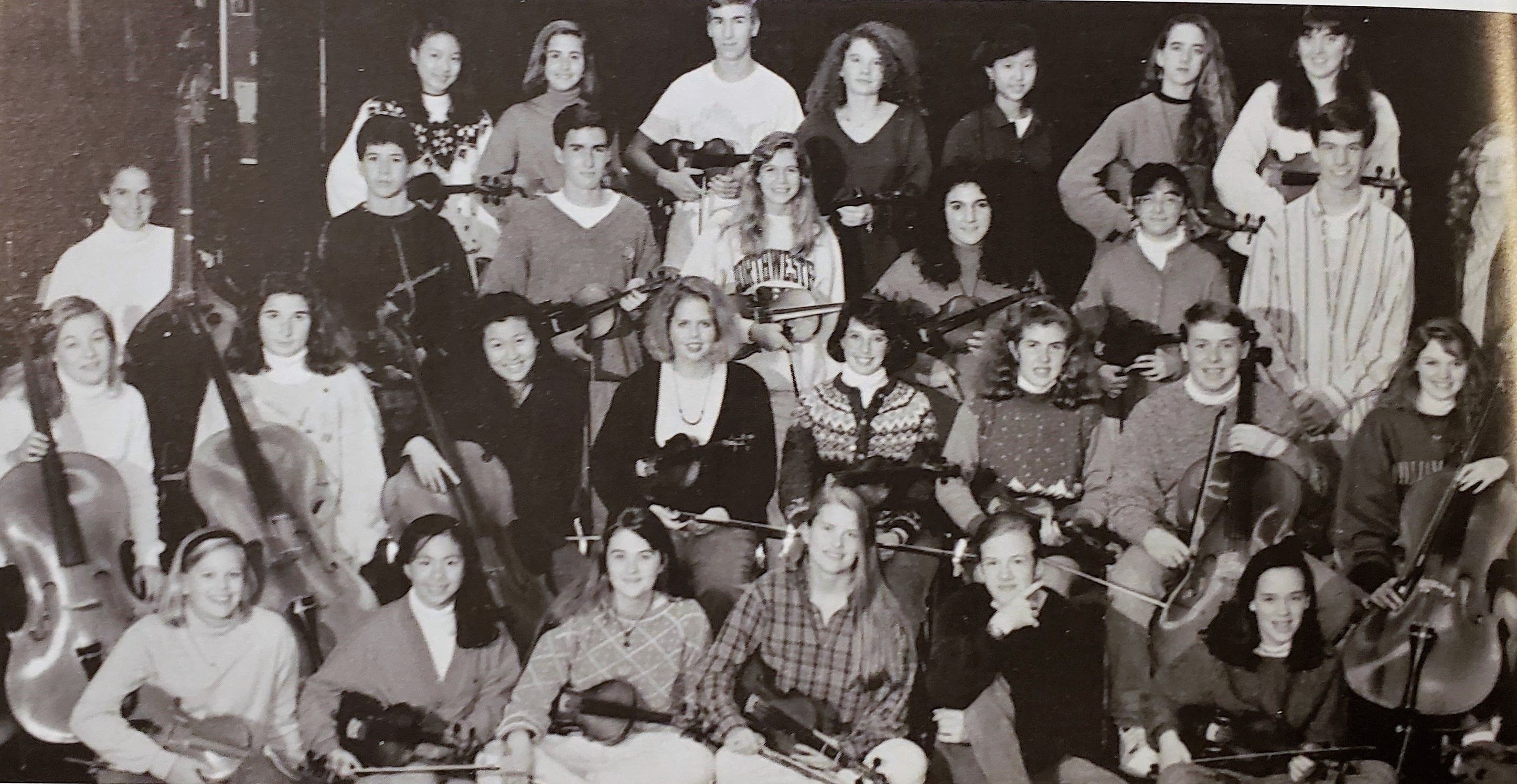 Andrew Bird (third row, third from left) with the 1990-1991 Lake Forest High School orchestra. Image source: 1991 Forest Trails yearbook.