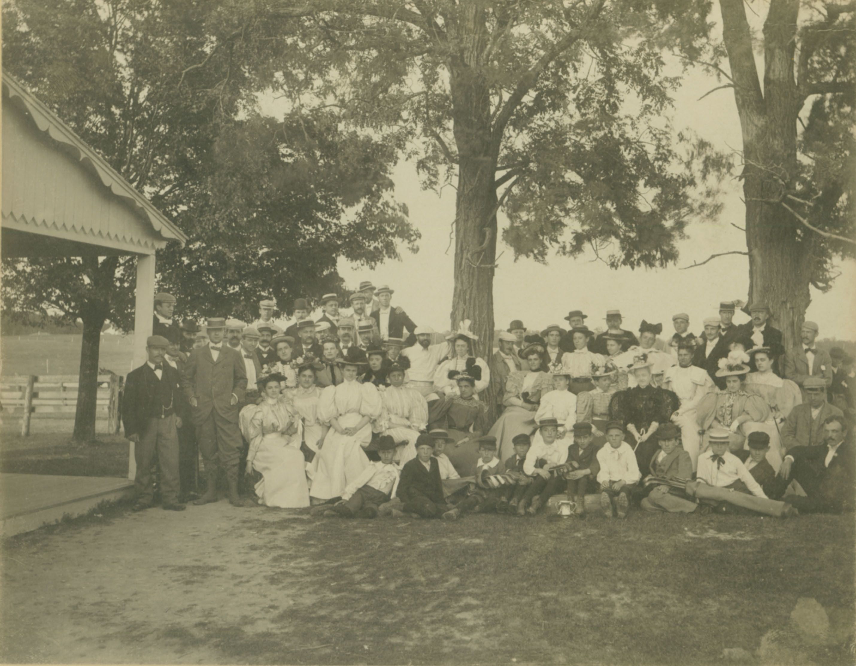 Lake Forest Golf Club, 1895. Edith and Madeline Newell are at right in hats below the tree.