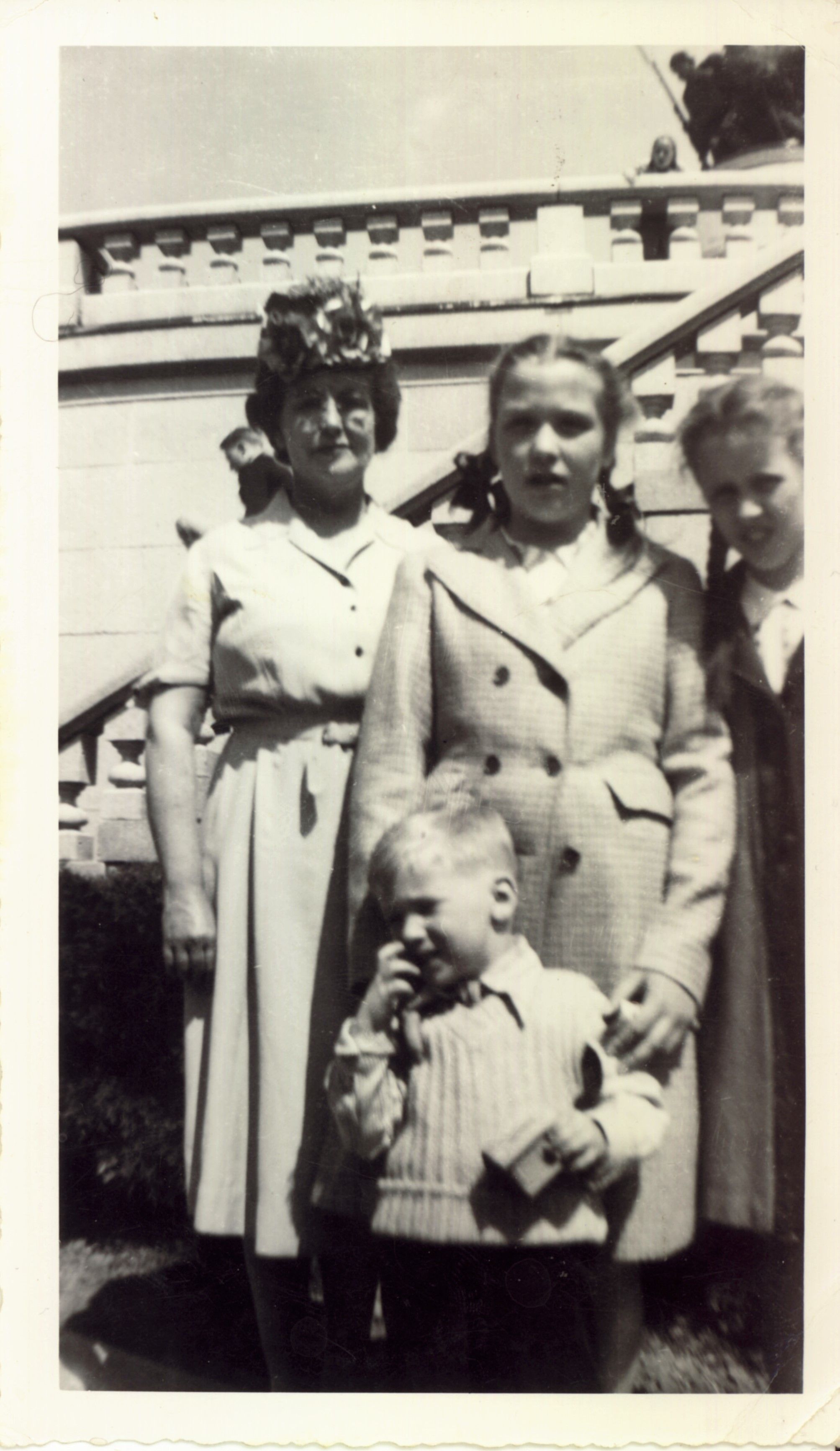 Mary Keough on a school field trip to Springfield in the 1940s. Left to right: Mary Keough (teacher), Barbra Seyl, Liz Dornbush. Young boy in front unidentified.
