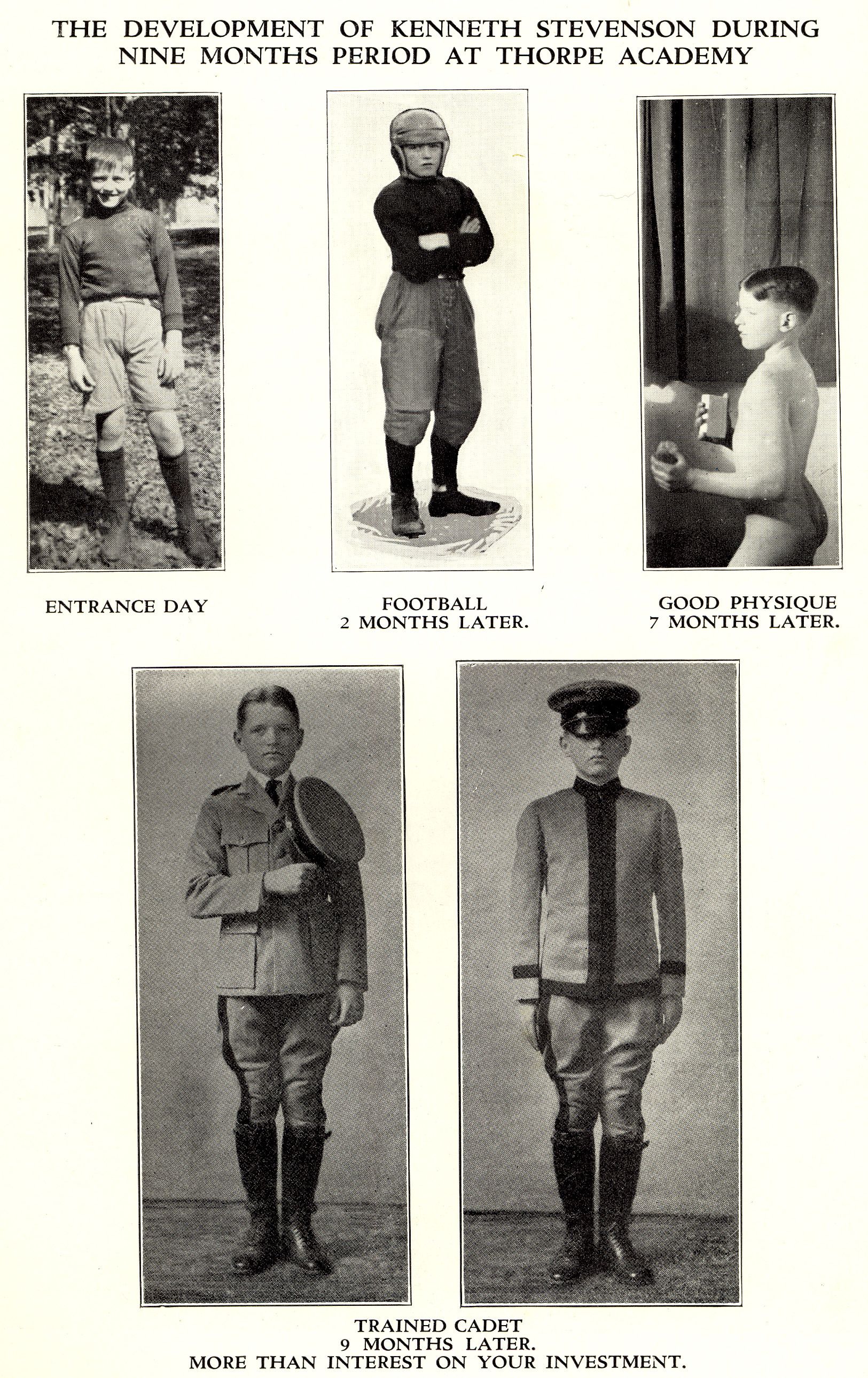 A chronological, pictorial representation of the benefits of Thorpe Academy from its 1923 catalog.