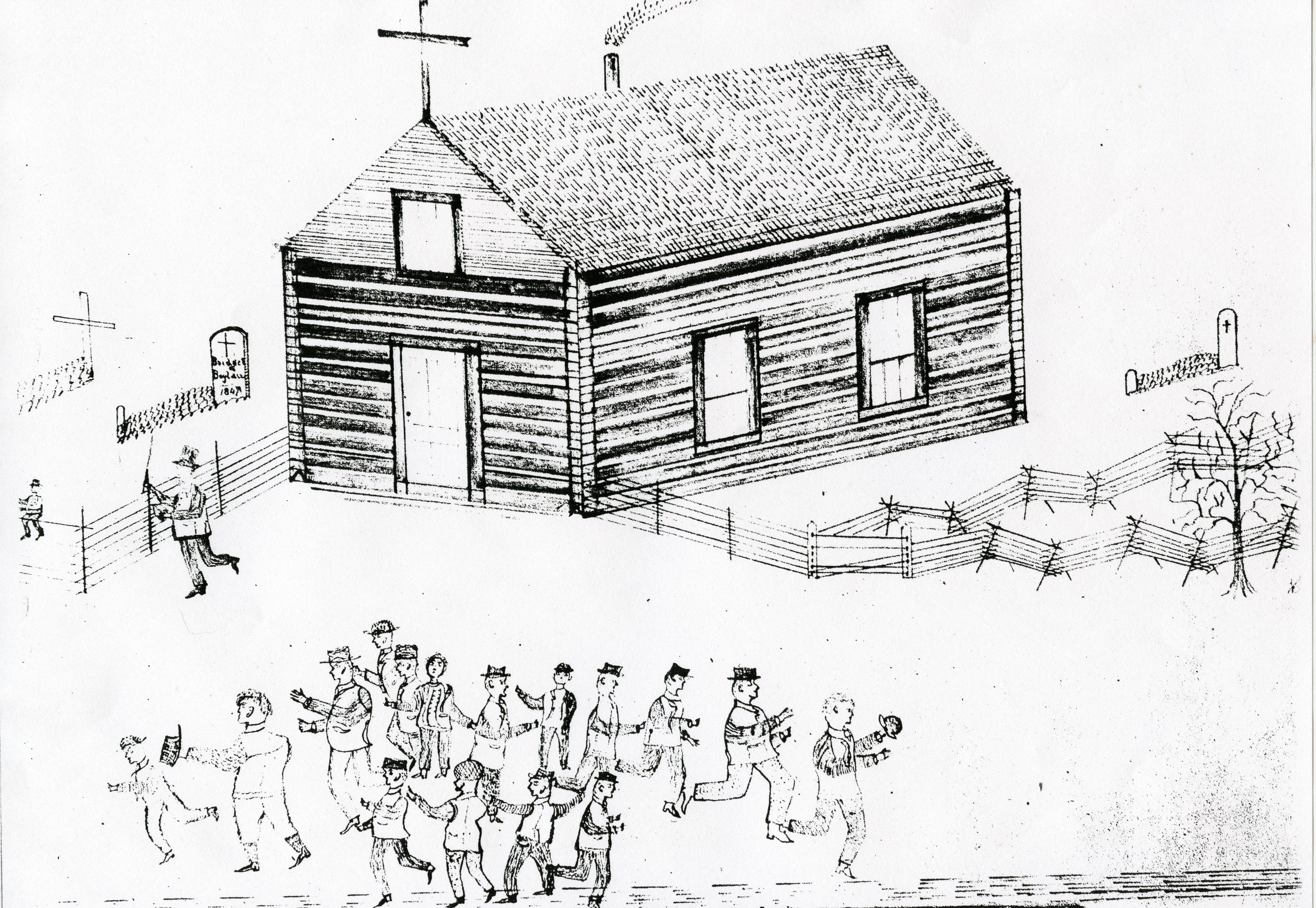Drawing done by Patrick Boyle in 1897, depicting the original log church (also a school) and cemetery.The grave of early settler Bridget Boylan (d. 1847) is seen to the left of the church.