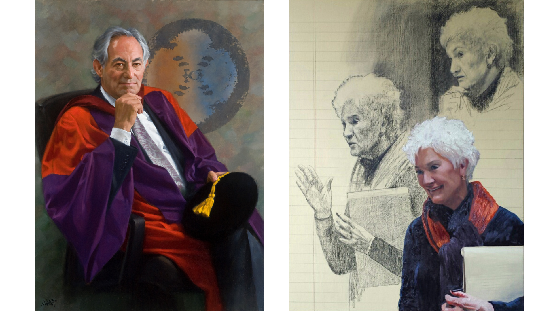 Left: Dr. Michael Welch, CEO, retired, Rosalind Franklin University of Medicine and Science, o/c by John Boyd Martin; Right: Judy Munson, Attorney o/c and graphite by Ann Ponce