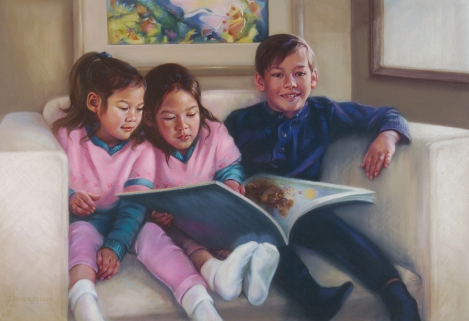 Reading Together, o/c at Prentice Women’s Hospital by Sally Baker Keller