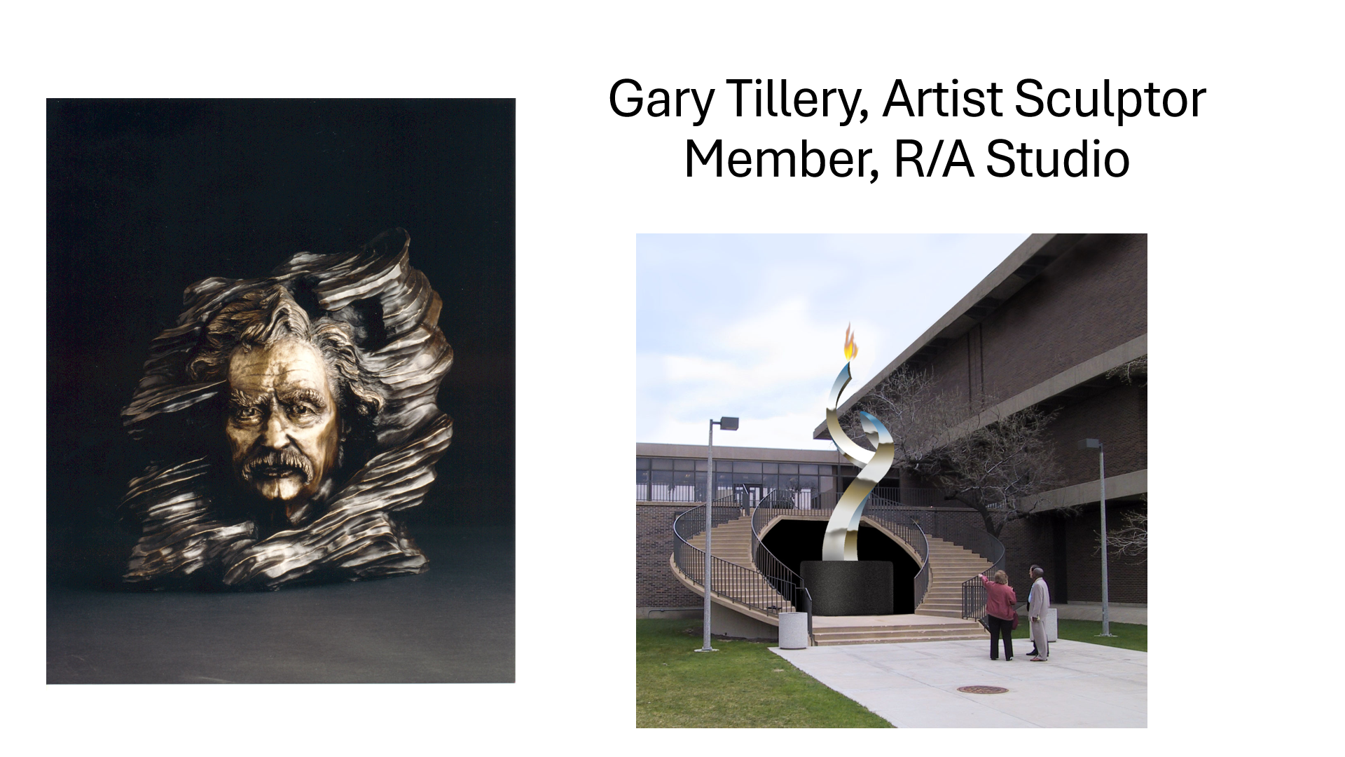 Left: Mark Twain, by Gary Tillery; Right: Prometheus, proposal for University of Illinois at Chicago