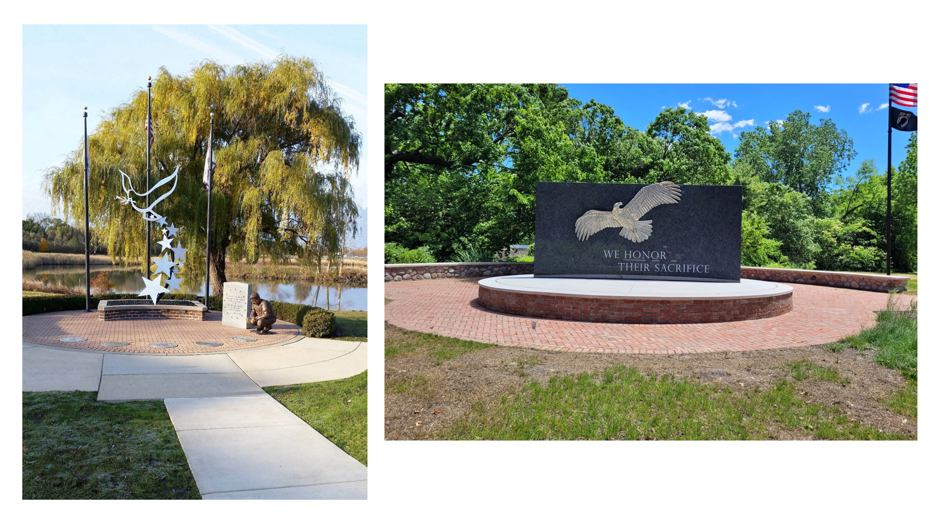 Left: Defenders of Peace Veterans Memorial at College of Lake County; Right: Lake Forest American Legion Memorial 2025