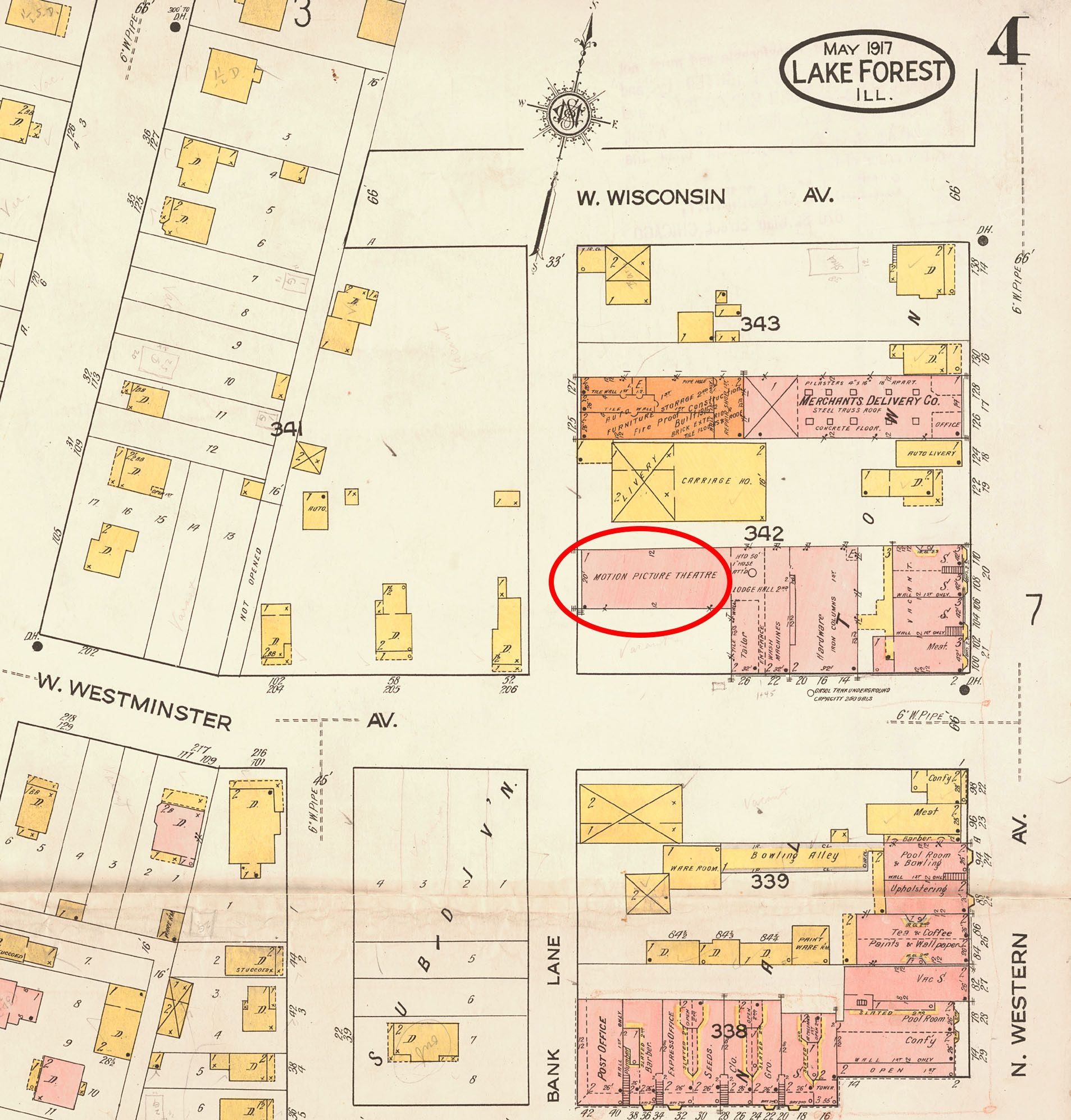 1917 Sanborn fire insurance map showing the DeLuxe Theatre on Westminster, adjacent to O’Neill’s Hardware store.