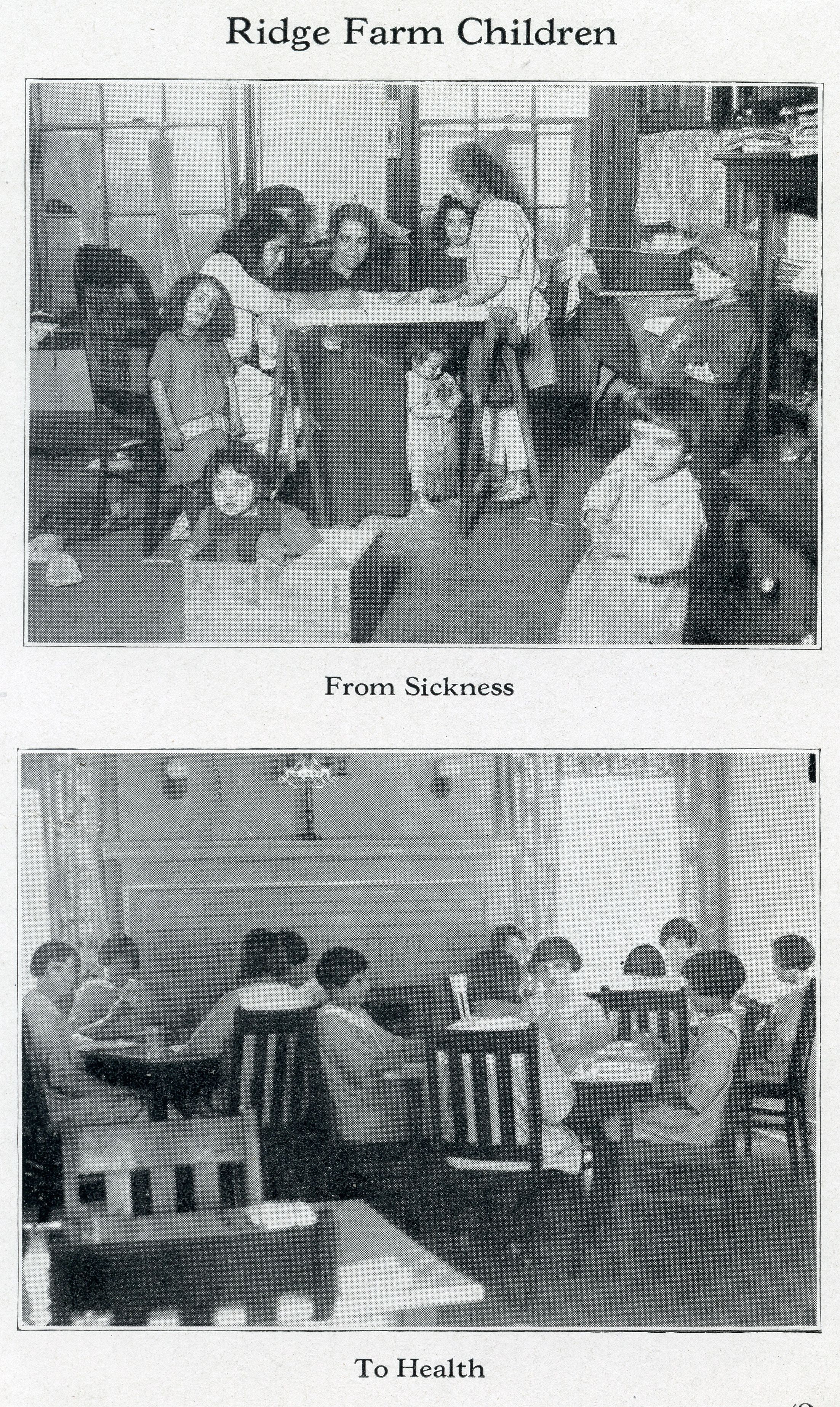 These images, from 1920s promotional brochures, advertise the benefits of a stay at Ridge Farm for urban children.