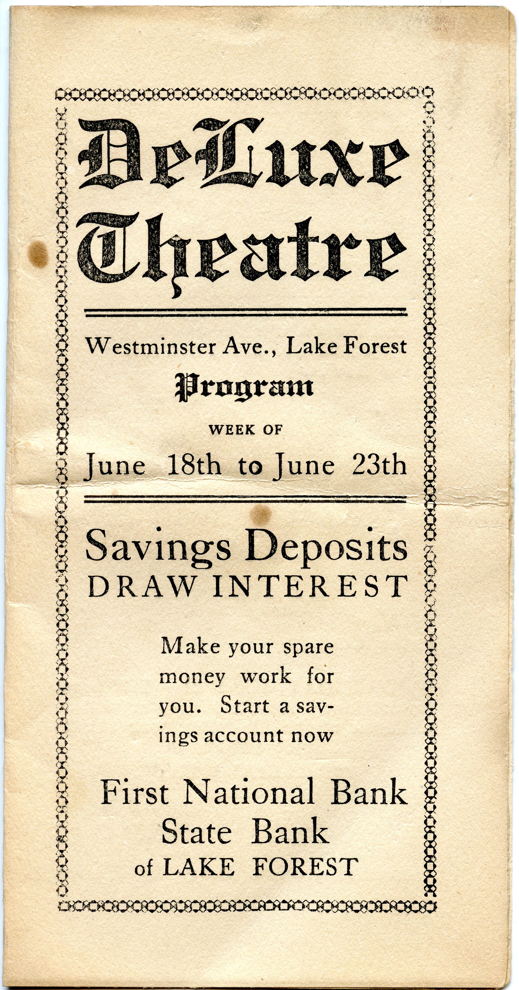 DeLuxe Theatre program, 1922. At the time, movies were 27 cents for adults and 13 cents for children under 12.