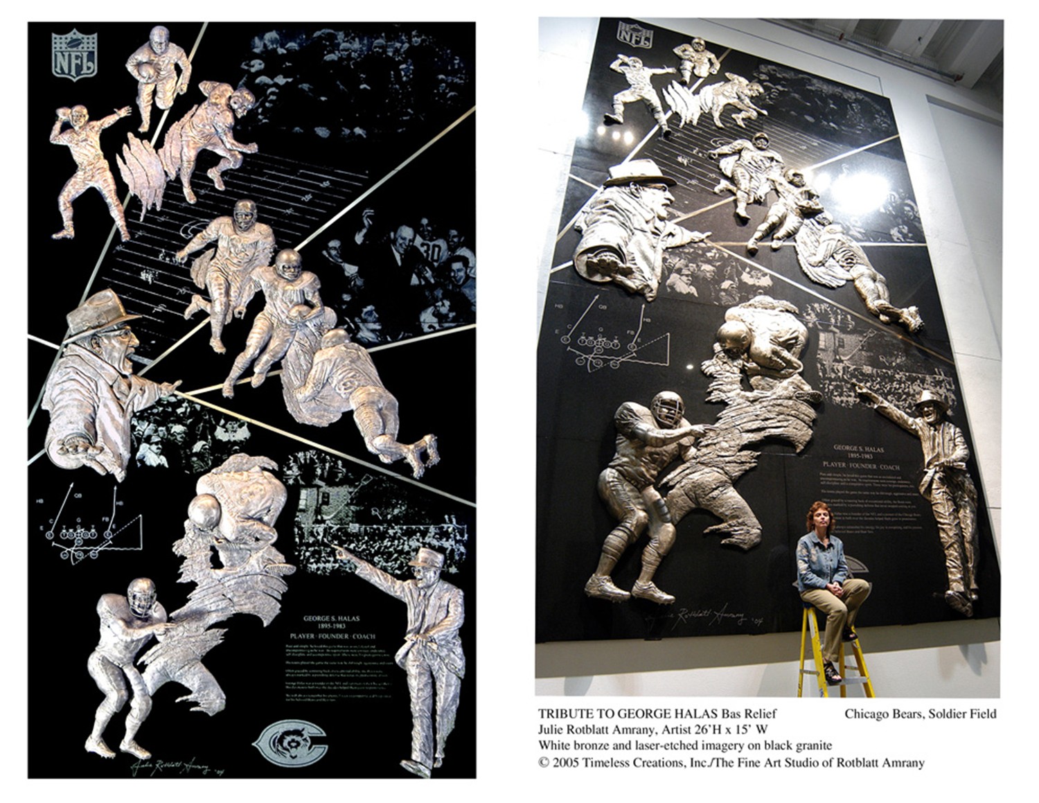 George Halas and the Chicago Bears Hall of Famers, 26’h x 15’w, white bronze on black granite, by Julie Rotblatt Amrany