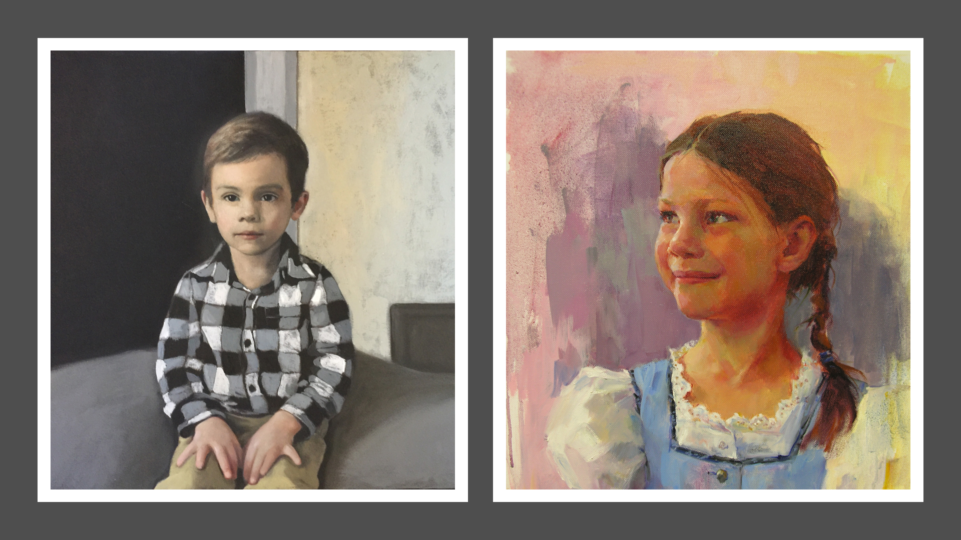 Left: Theo, oil on canvas by Ann Ponce; Right: Deborah in Dirndl, o/c by Linda Kollacks