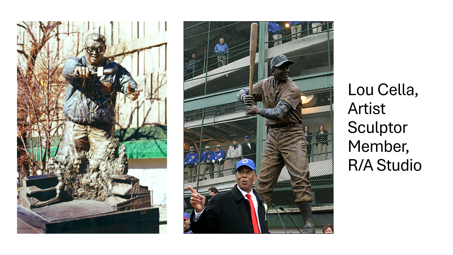 Left: Harry Caray, Famous Cubs announcer, by Omri Amrany and Lou Cella; Right: Ernie Banks at Wrigley Field
